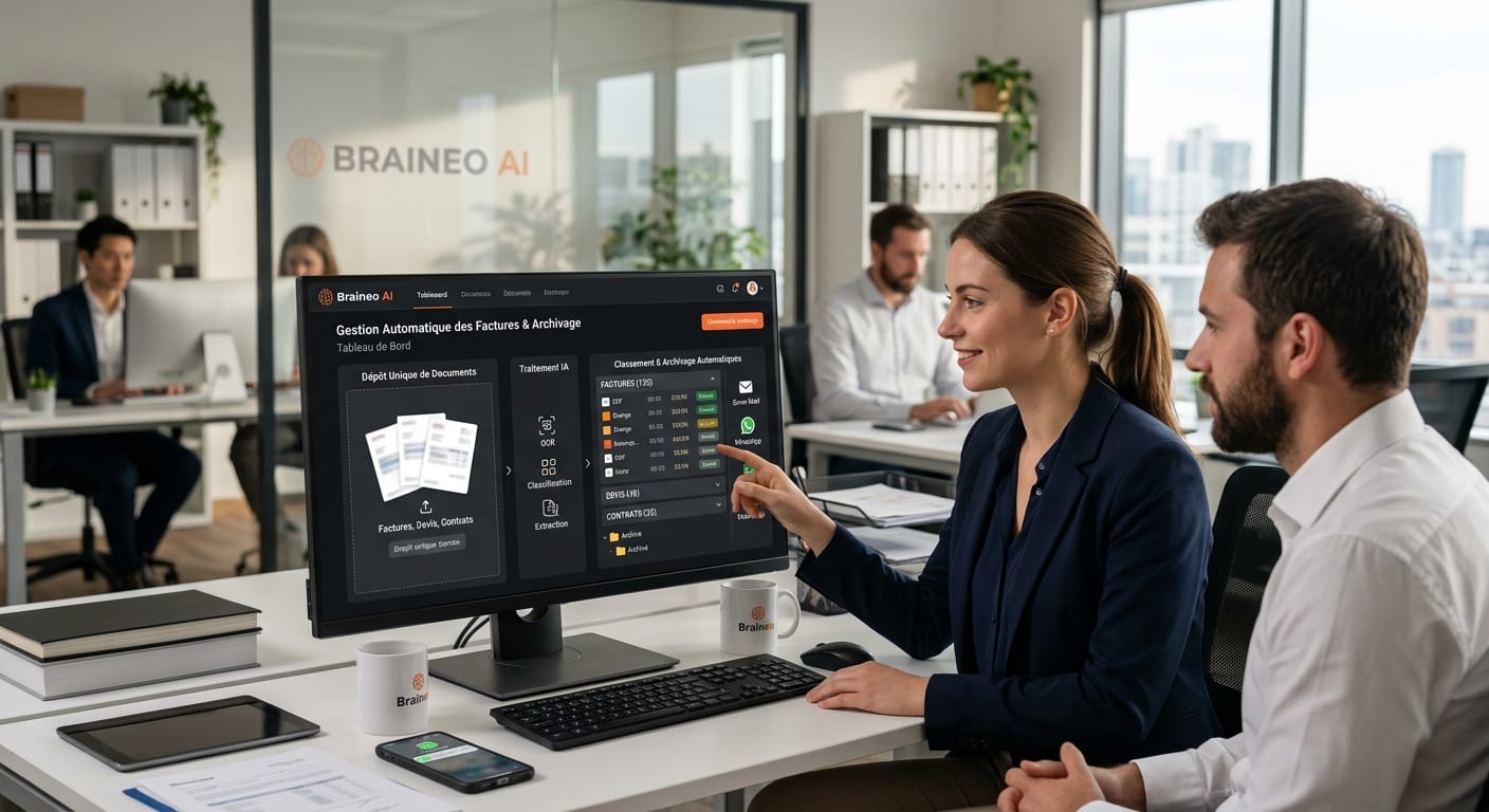 Interface Braineo AI démontrant le classement automatique des factures et l'archivage en entreprise assisté par intelligence artificielle